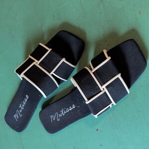 MATISSE Biscayne Flat Sandals Slides in Woven Black Linen and Cream Leather Trim